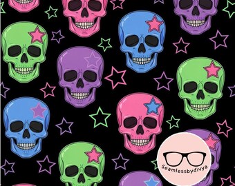 Neon Skull Seamless Pattern, Pop Rock Star Fabric Print (Digital Download)