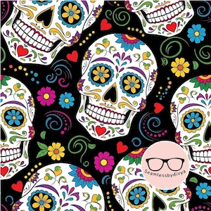 Colorful Skull Floral Seamless Digital Paper, Bright Pattern with Flowers Hearts, Festive Sublimation Print for Fabric & Wallpaper