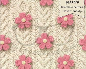 Pink Flower Knitted Embroidery Seamless Pattern, Crochet Floral Quilt (Digital Download)
