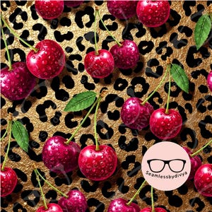 May include: A seamless pattern featuring ripe red cherries with green leaves and stems, scattered across a gold leopard print background. The cherries have water droplets on them, adding a realistic touch to the design.