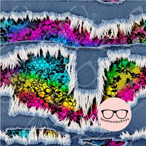 May include: A denim fabric design with distressed edges and colourful floral lace inserts. The lace features a rainbow gradient of colours, with black floral patterns. The design is suitable for various craft projects.