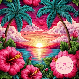 May include: A colourful tropical scene with a sunset over the sea, palm trees, and hibiscus flowers. The image has a pink and teal colour palette, with the text "Seamlessbydivya" in a pink circle.