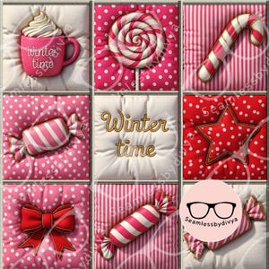 May include: A grid of nine square panels featuring winter-themed designs. Elements include a pink mug with 'Winter time' text, a lollipop, a candy cane, wrapped candies, a star, a bow, and a central panel with 'Winter time' text in gold.