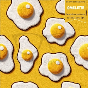 May include: A seamless pattern of fried eggs with yellow yolks and white egg whites, outlined in brown, on a textured yellow background. The design includes the text "OMELETTE" and "Seamless pattern 12"x12" 300 dpi".