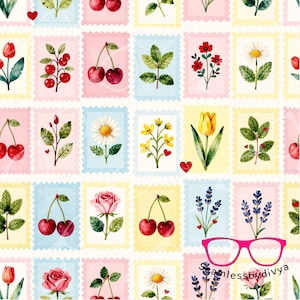 May include: A repeating pattern of rectangular postage stamp frames in pastel pink, yellow, and blue. Each frame contains watercolor illustrations of cherries, roses, daisies, tulips, lavender, and small red hearts on a white background.