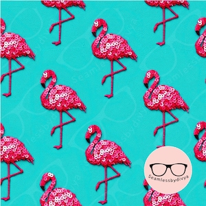 May include: A repeating pattern of pink sequined flamingos on a teal background. The flamingos are in a standing pose, with their long legs and curved necks. The design is a seamless pattern, suitable for fabric or wallpaper.
