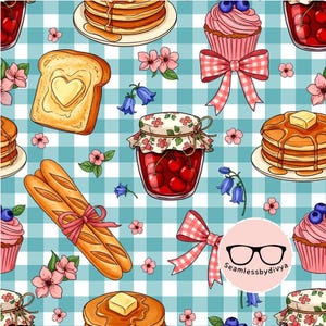 Cottagecore Frühstück Nahtloses digitales Papier für Stoffdruck PNG, nettes Pfannkuchen-Picknick-nahtlose Sublimationsdatei-Tapete-Küchen-Geschenk