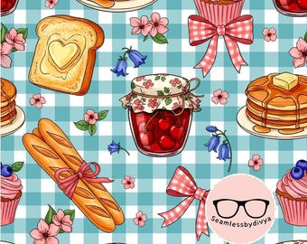 Cottagecore Breakfast Seamless Digital Paper for Fabric Print PNG, Cute Pancake Picnic Seamless Sublimation File Wallpaper Kitchen Gift