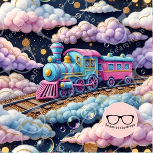 May include: A whimsical illustration of a toy train with a blue engine and pink carriage, traveling on tracks amidst fluffy pink and blue clouds. Gold glitter accents and bubbles add to the dreamy scene.