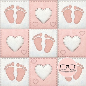 Pink Baby Girl Quilt Seamless repeat pattern, Footprint Digital Paper, Newborn Patchwork Fabric for Sublimation