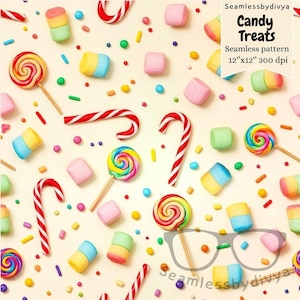 Seamless Pattern Digital Paper with Lollipops, Candy Canes, Marshmallows and Sprinkles for Fabric Printing, Sublimation