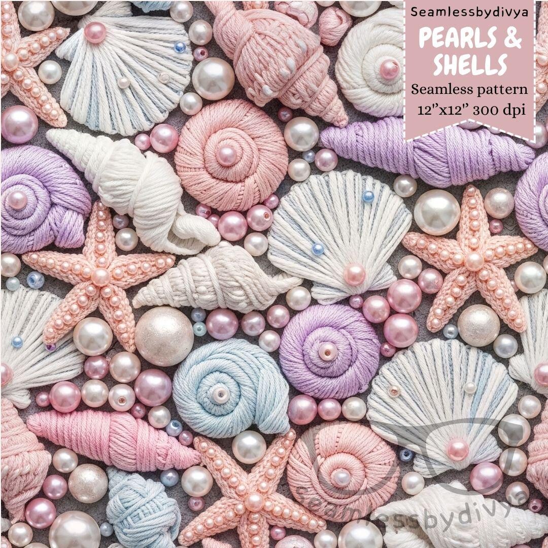 Seashell Yarn Seamless Pattern, Pastel Coastal Fabric Print (digital ...