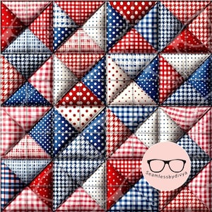 May include: A patchwork design featuring red, white, and blue fabrics in various patterns, including polka dots, gingham, and houndstooth. The design is arranged in a repeating triangular pattern, creating a textured, quilted appearance.