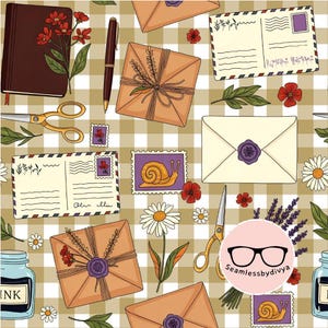 Vintage Snail Mail Letter Seamless PNG for Fabric Print, Cottagecore Lavender Envelope Seamless Sublimation File Stationery Gift