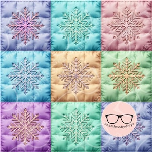 May include: A grid of nine quilted squares in various pastel colours, each featuring a central glittery snowflake design. A circular logo with black eyeglasses and the text Seamlessbydivya is overlaid on the bottom right square.