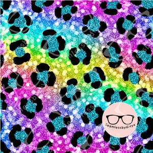 May include: A vibrant, colorful pattern featuring black leopard spots with turquoise glitter centers. The background transitions through a rainbow of colors, including pink, yellow, and blue, with a sparkling, glittery effect. White polka dots are scattered throughout the design.