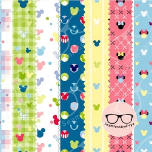 May include: A collection of colorful patterned ribbons featuring Mickey Mouse and Minnie Mouse designs. The ribbons display various patterns, including polka dots, gingham, and cross-stitch, in shades of blue, green, pink, and yellow. The image includes the text "Seamlessbydivya".