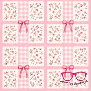 Motivo senza cuciture con patchwork floreale rosa vintage e fiocchi su sfondo a quadretti / Carta digitale shabby chic Coquette per lavoretti per la cameretta dei bambini.