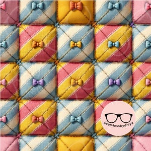 May include: A repeating pattern of quilted squares in pink, yellow, blue, and white. Each square has diagonal stripes and a small bow. The design is reminiscent of a patchwork quilt, with a soft, textured appearance.