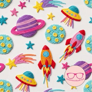 May include: A whimsical space-themed design featuring embroidered planets, stars, rockets, and UFOs in vibrant colors. The design includes a purple planet with pink rings, a red and orange rocket, and a yellow and blue UFO. The overall theme is playful and imaginative.