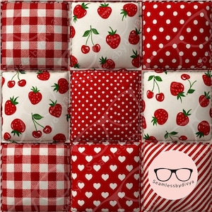 May include: A patchwork design featuring nine squares with various red and white patterns. The patterns include gingham, polka dots, strawberries and cherries, hearts, and stripes. The design is a seamless pattern, suitable for fabric or paper.
