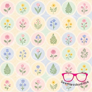 Botanical Circle Seamless Pattern | Vintage Daisy Rose Fern Cute Flower Badge Print Cottagecore Pastel Floral Grid Fabric Design PNG