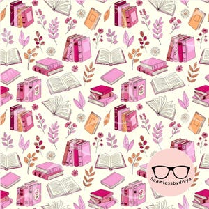 May include: A repeating pattern of pink books, open books, and floral elements on a cream background. The books vary in size and style, with some stacked and others standing upright. Flowers and leaves are scattered throughout the design.