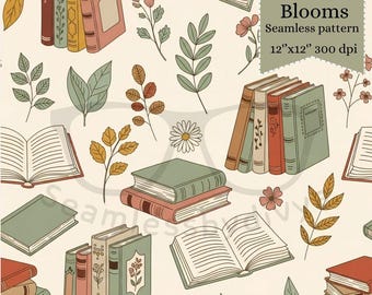 Book Lover Seamless Digital Paper for Fabric Print, Cozy Library Floral Sublimation Pattern, Vintage Reading Wallpaper