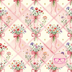 May include: A seamless pattern featuring watercolor bouquets of red, pink, orange, and purple flowers tied with pink bows, arranged over a light cream background with a pink diamond grid and small gold stars. A circular logo with glasses is present.