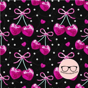 May include: A seamless pattern featuring pink sequined cherries with light blue stems and bows, scattered with small pink hearts and white dots on a black background. The design is repeated across the surface.