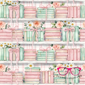 Puede incluir: Un patrón repetitivo con pilas de libros de color rosa pastel y verde menta sobre estantes blancos. Cada pila está atada con una cinta rosa y decorada con ilustraciones en acuarela de margaritas blancas y rosas suaves. Se ven unas gafas de color rosa brillante.