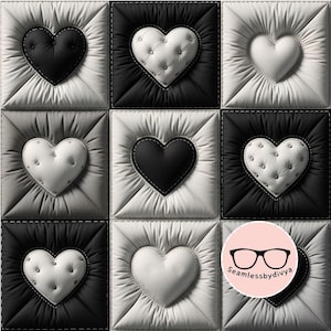 Schwarz-weiß gestepptes Herz, nahtloses Muster, luxuriöses Leder-Digitalpapier, getufteter Stoffdruck JPG, Sublimation, Tapete