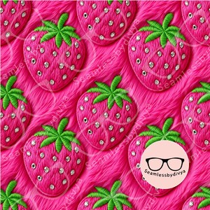 May include: A repeating pattern of embroidered strawberries with green leaves and sparkling embellishments on a vibrant pink, textured background. The strawberries are evenly spaced, creating a playful and eye-catching design.