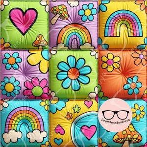 Puede incluir: Un patrón cuadrado colorido con un diseño repetitivo de corazones, arcoíris, flores y setas. Los cuadrados son en tonos de verde, morado, amarillo y naranja. El diseño tiene una estética retro y groovy.