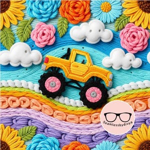Papel digital sin costuras para bordado de Monster Truck para impresión en tela, archivo de sublimación sin costuras de crochet de Flower Truck 3D, papel tapiz de regalo