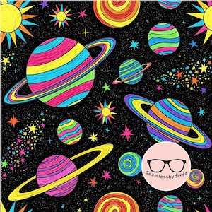 May include: A vibrant, hand-drawn space-themed pattern on a black background. The design features colorful planets with rings, stars, and suns in shades of pink, yellow, blue, and green. The planets have striped patterns. The overall theme is cosmic and playful.