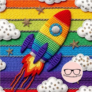 Gestrickte Rakete Musterdesign, Regenbogen Raum digitales Papier, häkeln Raumschiff Stoffdatei, Kinderzimmer Hintergrund, Junge Schlafzimmer Wandkunst
