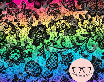 Vibrant Rainbow Neon Black Floral Lace Seamless Pattern Sublimation Tumbler Wrap Digital Scrapbooking Background Art
