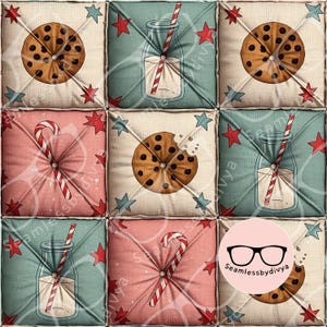 Op de afbeelding: Een naadloos patroon van vierkante gecapitonneerde kussens met illustraties van chocolate chip cookies, melkflesjes met rood-wit gestreepte rietjes en zuurstokken op crèmekleurige, blauwgroene en roze achtergronden met verspreide sterren.