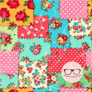 May include: A patchwork design featuring squares of various colors and patterns. The design includes floral prints, polka dots, and solid colors in shades of red, yellow, blue, and green. The edges of the squares have a zig-zag pattern.