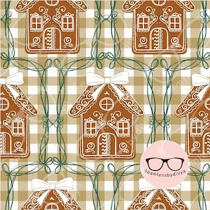 May include: A repeating pattern featuring brown gingerbread houses decorated with white icing details, topped with white bows, and framed by thin green swirling lines over a tan and white checkered background. A pink circle logo with glasses.