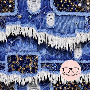 May include: A digital art design featuring a patchwork of denim, faux fur, and decorative embellishments. The design incorporates distressed denim patches with white fringe, blue and gold beadwork, and a textured blue background. The overall aesthetic is a blend of textures and colors.