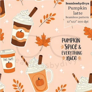 Pumpkin Spice Latte Seamless Digital Paper, Cute Fall Coffee Pattern for Sublimation, Fabric Print, Autumn Wallpaper