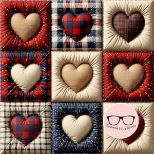 Puede incluir: Nueve parches cuadrados de tela con diseños en forma de corazón. Los corazones son de varios colores y patrones, incluyendo rojo, beige y cuadros. Cada corazón está centrado dentro de un cuadrado, creando un efecto de patchwork. Los cuadrados están cosidos.
