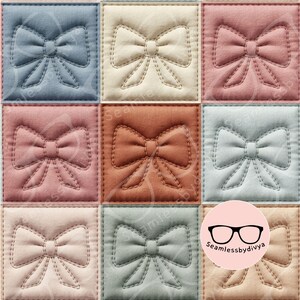 May include: Nine fabric squares arranged in a grid, each featuring a quilted bow motif. The squares are in pastel shades of blue, pink, peach, and beige. The bows are stitched with a contrasting thread.