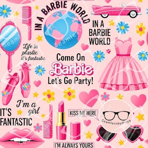 May include: A pink and white seamless pattern with Barbie-themed illustrations. The design includes a pink convertible, a dress, lipstick, hearts, flowers, and text that reads "In a Barbie World", "Come On Barbie Let's Go Party!", and "Kiss Me Here".
