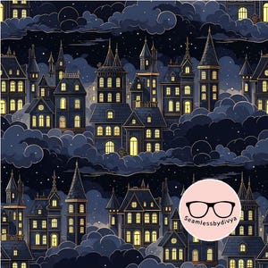 Night Sky Castle Seamless Pattern, Dark Academia Digital Paper, Whimsical Cloud Fabric File, Magic City Background, Fantasy Scrapbook Print