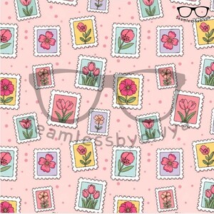 May include: A repeating pattern of postage stamps featuring various colorful flowers on a light pink background with small pink dots. The stamps have a white border and are in shades of pink, yellow, and blue.