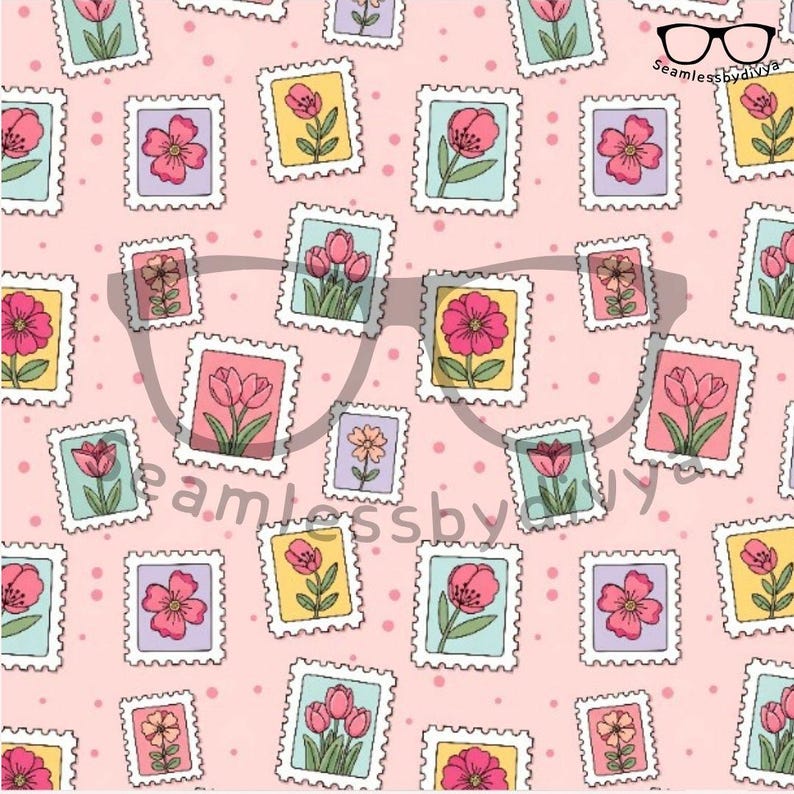 May include: A repeating pattern of postage stamps featuring various colorful flowers on a light pink background with small pink dots. The stamps have a white border and are in shades of pink, yellow, and blue.