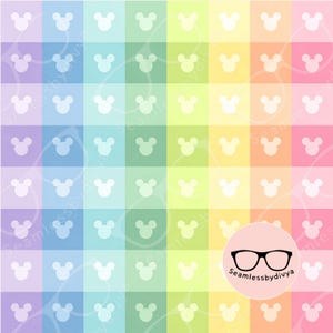 May include: A colorful pattern featuring a grid of squares in pastel shades of purple, blue, green, yellow, orange, and pink. Each square contains a white silhouette of a mouse head. The design is suitable for various applications.